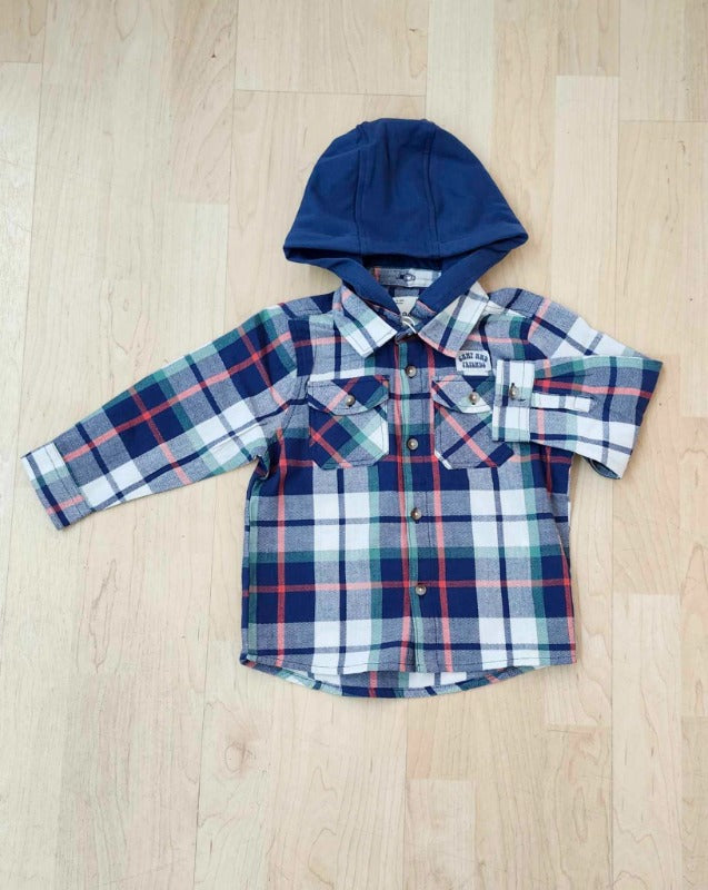 Blue/Red/Green Hooded Plaid Button Up- Infant