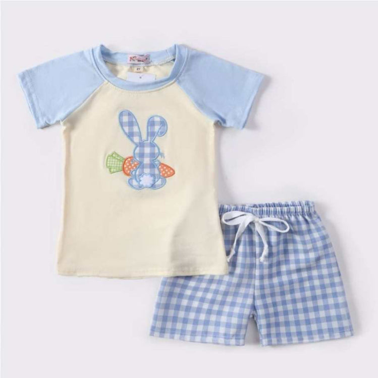 Blue Plaid Embroidered Bunny Boy Set