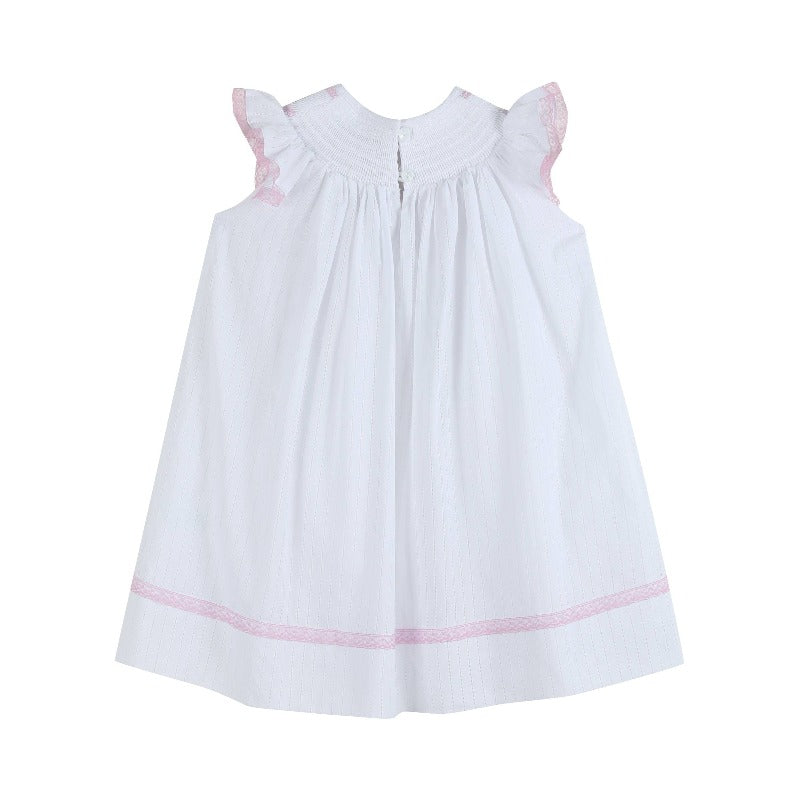 White and Pink Cross Smocked Bishop Dress