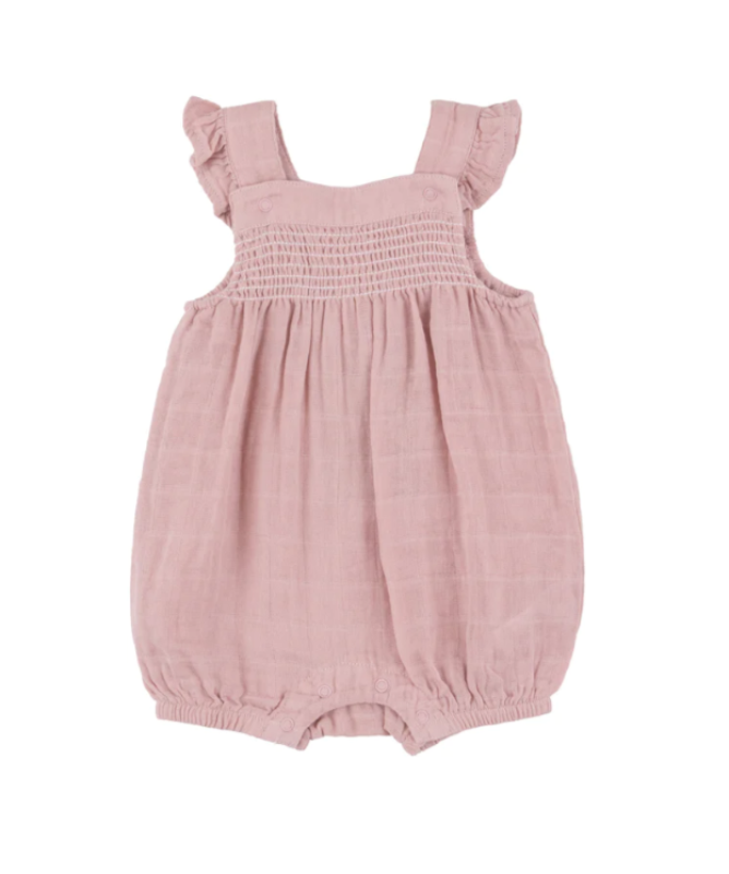Smocked Front Muslin Overall Shortie - Dusty Pink