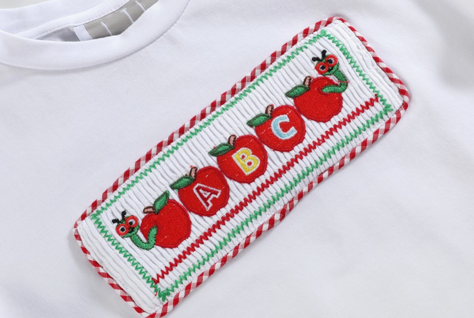 White 'abc' Embroidered Apple Smocked Crewneck Tee & Red Gingham Shorts