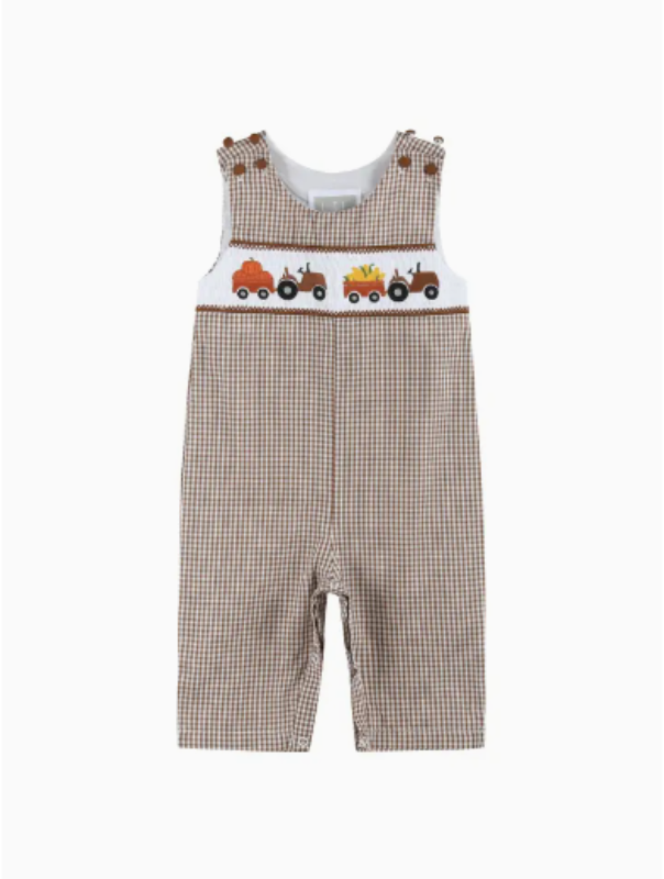 Brown Gingham Pumpkin and Tractor Smocked Overalls