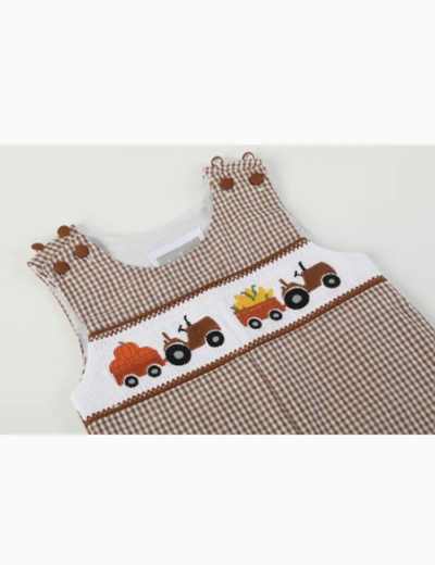 Brown Gingham Pumpkin and Tractor Smocked Overalls