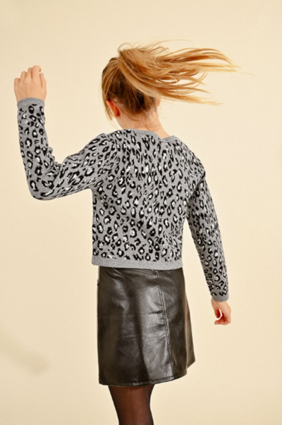 Girls Black & Grey Leopard Crop Sweater