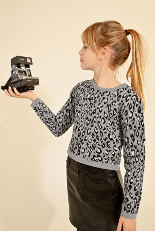 Girls Black & Grey Leopard Crop Sweater