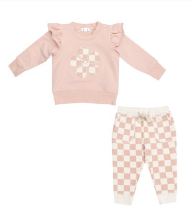 Checkerboard Pink Ruffle Sweatshirt & Jogger Set