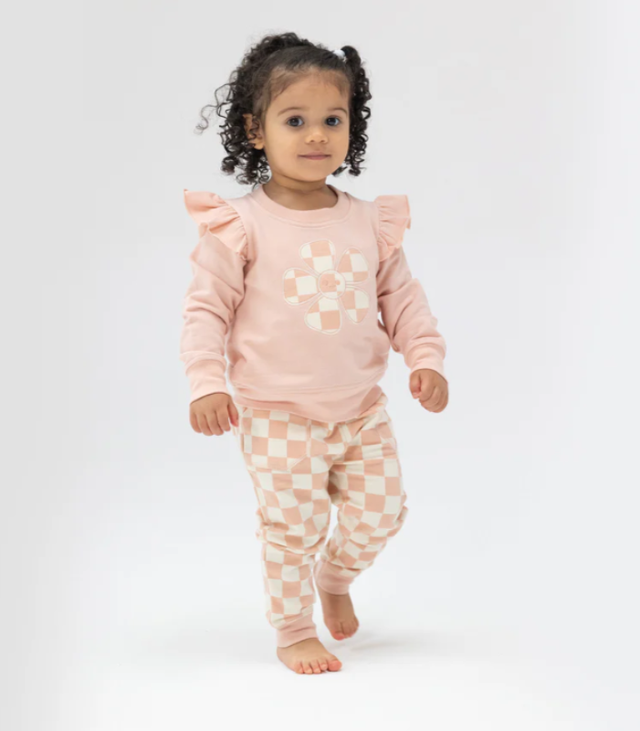 Checkerboard Pink Ruffle Sweatshirt & Jogger Set