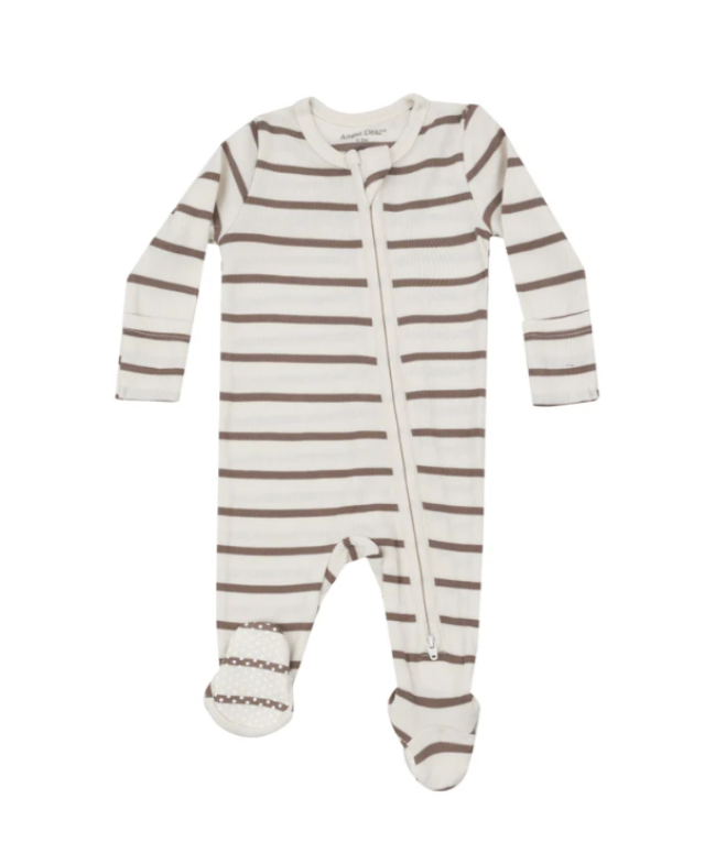 Modal Ribbed Stripe 2 Way Zipper Footie - Brown