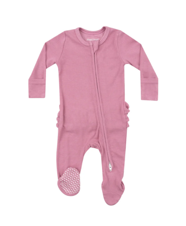 Ribbed 2 Way Zipper Ruffle Back Footie - Wild Rose