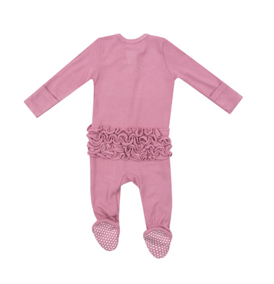 Ribbed 2 Way Zipper Ruffle Back Footie - Wild Rose