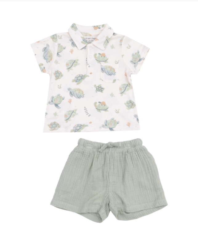 Polo Shirt & Muslin Short Set - Sea Turtles