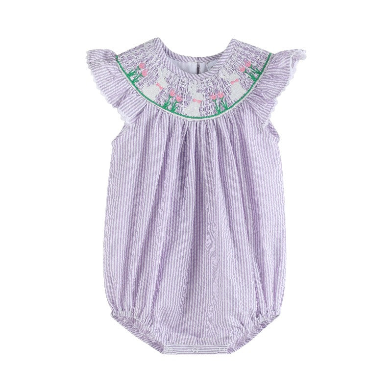 Light Purple Seersucker Bunny Smocked Romper