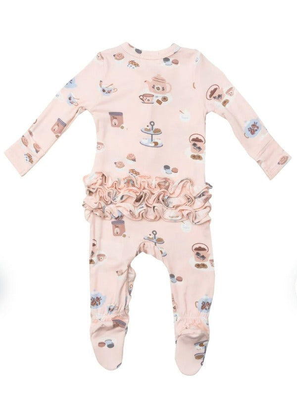 Tea Party Time Bamboo 2-Way Ruffled Zipper Footie